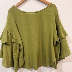 Free People Cotton Olive Ruffle Sleeve Slouchy Raw Cut Summer Blouse Top Size M